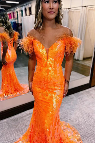 Mermaid Off the Shoulder Orange Long Prom Dress with Feathers
