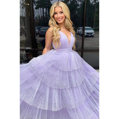 Robe de bal longue à col en V et paillettes lilas 