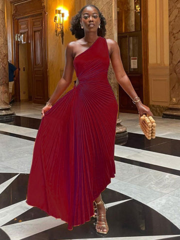 Robe trapèze plissée sans manches à taille roulée, sans manches, à une épaule, sexy, style bal de promo et soirée.