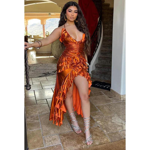 Robe de soirée sexy et tendance, décolleté en V, fente latérale, dos nu, froncée