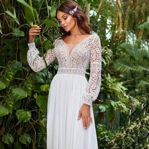 Bohemian Sweetheart Wedding Dresses A-Line Long Sleeve White Lace Applique Chiffon Backless Bridal Gown Train Vestidos De Novia