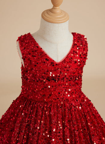 Deslumbrante vestido de princesa rojo con lentejuelas, escote en V y cola para niñas 