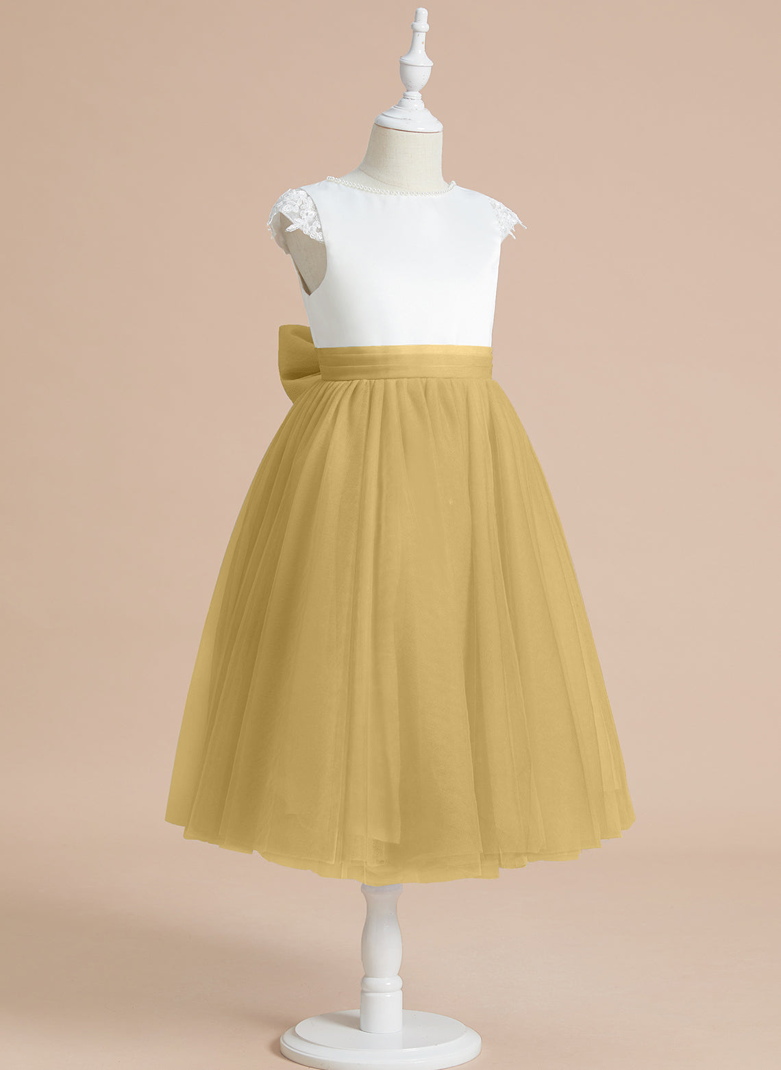 Vestido de niña de las flores para la Primera Comunión, corte en A, satén y tul, hasta la rodilla. 