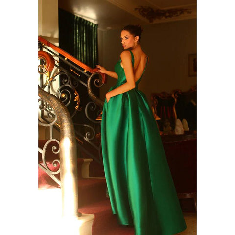 V-Neck Sleeveless Ruched Satin A-Line Long Prom Evening Dress With Slit