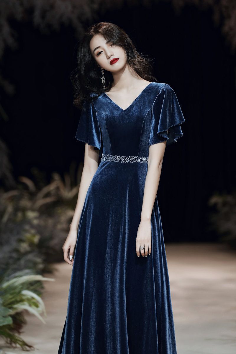 Blue evening dress custom made elegant dress sexy prom dress velvet dress custom made Y1172