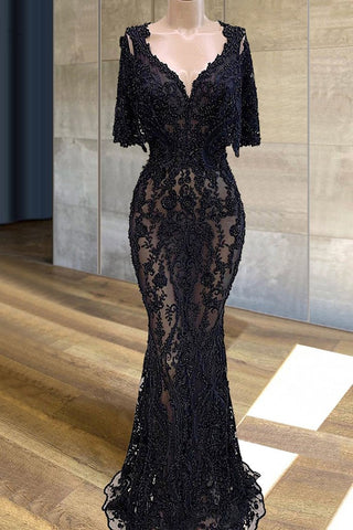 black evening dresses beaded evening dress modest evening dresses lace applique evening dresses Y1144