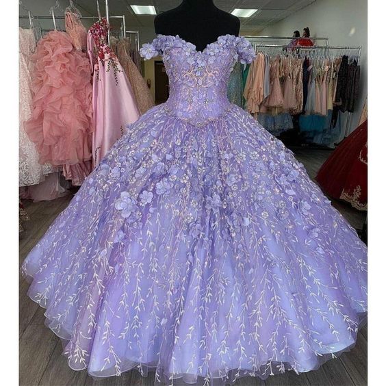 Robe de bal romantique lavande à fleurs 3D, style Sweet 16, épaules dénudées, Y1152