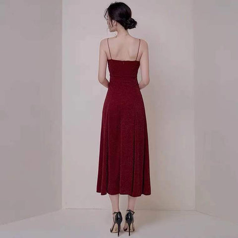 Robe de soirée rouge bordeaux à fines bretelles, fente haute, dos nu, confection sur mesure Y1140
