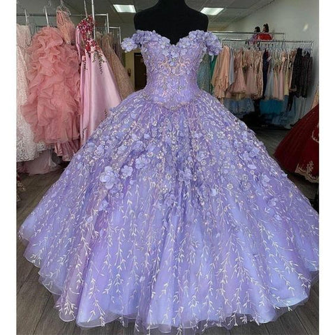 Vestido de quinceañera romántico con flores florales 3D color lavanda, vestido de baile con hombros descubiertos, vestido de 16 años Y1152