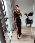 Vestido largo de fiesta negro con lentejuelas, sexy y sexy, vestido de noche negro Y1167