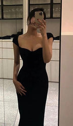 Robe de soirée noire simple, longue jusqu'au sol, à manches courtes Y1142