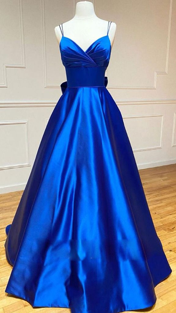 Vestidos de fiesta azul real de satén con escote en V y corte en A, modelo Y1163