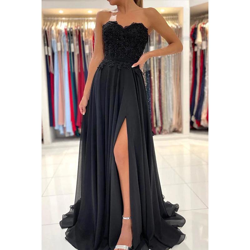 Robe de bal fourreau/colonne sans bretelles en mousseline de soie avec appliques dos nu sans manches