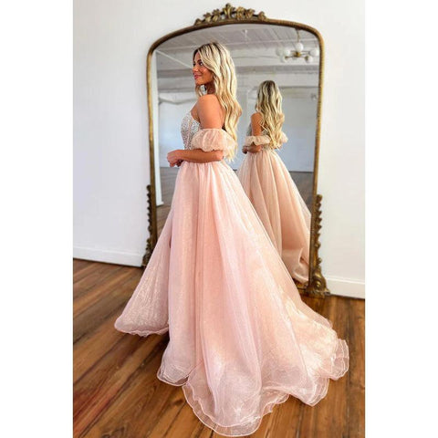 Vestido largo de fiesta sin tirantes, sin mangas, con cuentas, fruncido, de tul, corte en A y abertura