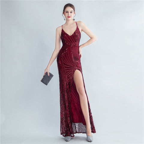 Robe de soirée haut de gamme en sequins haute densité, taille cintrée, fente latérale 