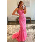 Vestido formal de noche para graduación, sin mangas, con tirantes finos y apliques de tul