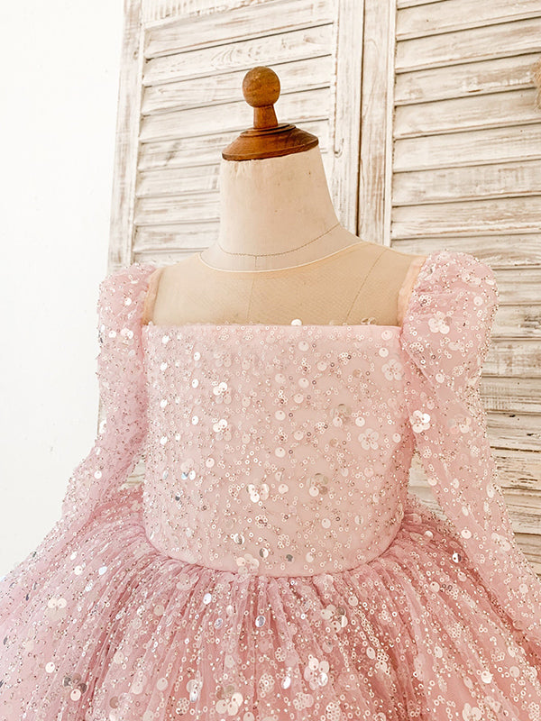 Vestido de princesa rosa con lentejuelas y tul para niña, con mangas largas y lazo extragrande 
