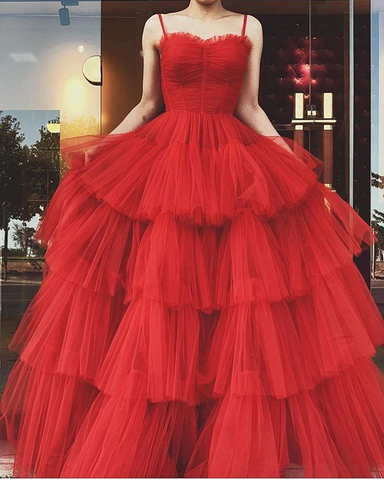 Vestido de fiesta rojo de tul con tirantes finos y corte en A, modelo Y4644