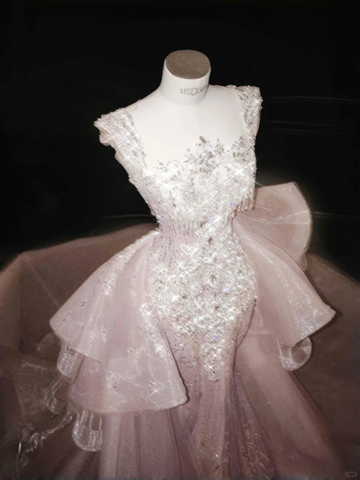 Glamorous Lavender Tulle Beaded Mermaid Prom Dress Formal Evening Dress Y8669