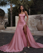Vestido largo de sirena sin tirantes, de satén, sin mangas, con abertura, ideal para fiestas de graduación.