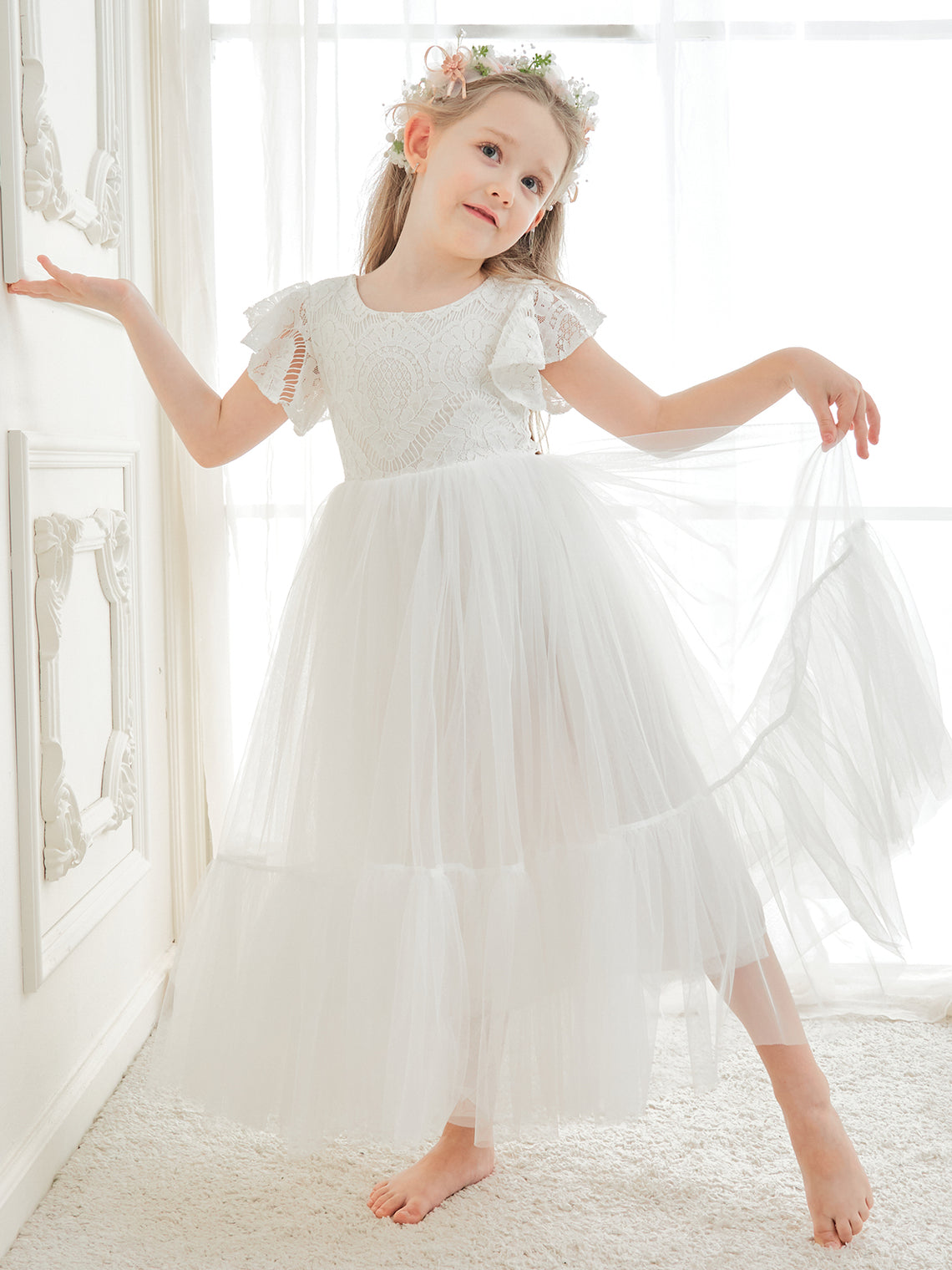 Vestido blanco de tul y encaje hasta el tobillo (2003227579) 