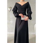 Robe de bal longue simple, coupe trapèze, col en V, épaules dénudées, manches bouffantes 