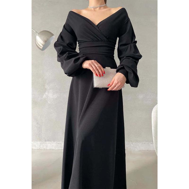 Robe de bal longue simple, coupe trapèze, col en V, épaules dénudées, manches bouffantes 