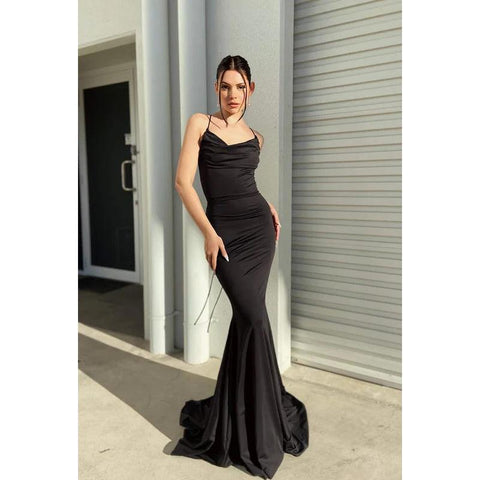 Vestido de fiesta sin mangas con cordones y tirantes de trompeta/sirena de satén