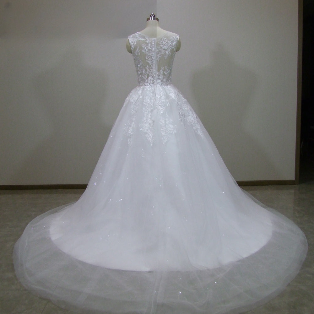 Vestido de novia bohemio de corte A con apliques de encaje y escote redondo, sin mangas, tul ilusión