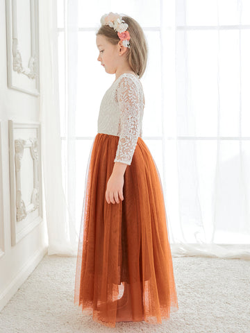 Vestido de niña de las flores de tul, manga larga, corte línea A, encaje blanco angelical 