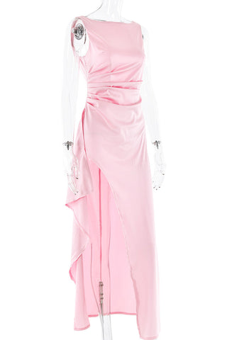 Robes de soirée sexy de bal, dos nu, à volants et col rond froncé, couleur unie (3 couleurs) 