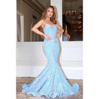 Robe de bal longue sirène à paillettes et col en V, sans bretelles