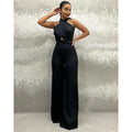 Trajes formales de pantalón con escote halter cruzado y corte tubo, vestido de fiesta formal negro 