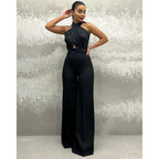 Trajes formales de pantalón con escote halter cruzado y corte tubo, vestido de fiesta formal negro 