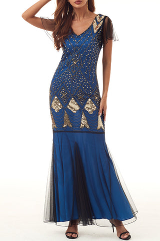 Elegante vestido de noche formal con cremallera y escote en V con cuentas. 