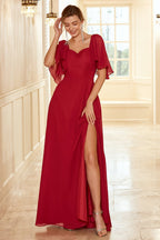 Robe de demoiselle d'honneur bordeaux à dos nu et à volants, style bohème