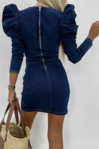 Robe mini stretch à manches bouffantes et fronces en jean « All The Best » 