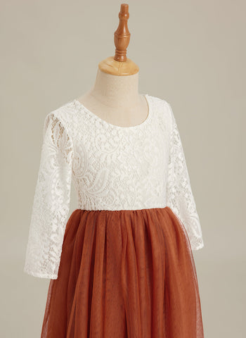 Vestido de niña de las flores de tul, manga larga, corte línea A, encaje blanco angelical 