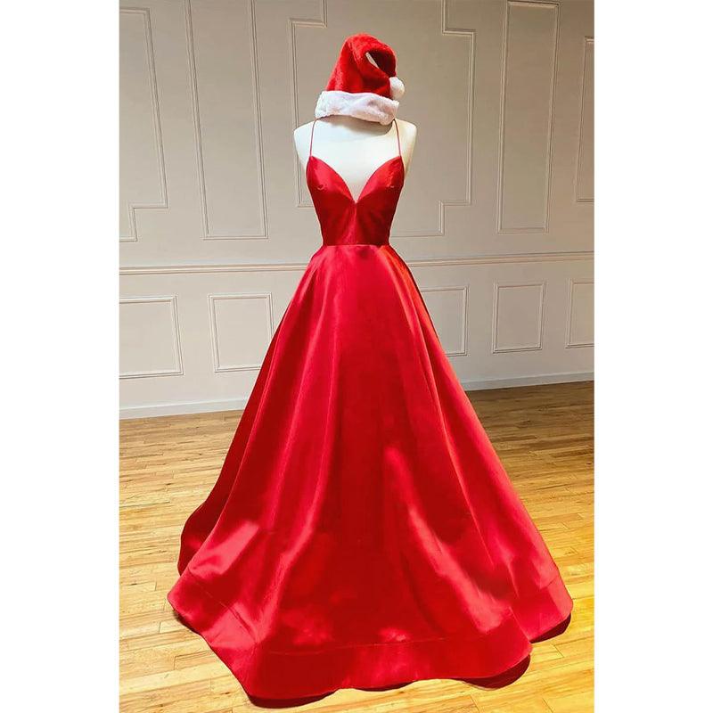 Vestido de fiesta sencillo de satén rojo con escote en V, tirantes finos y bolsillos 