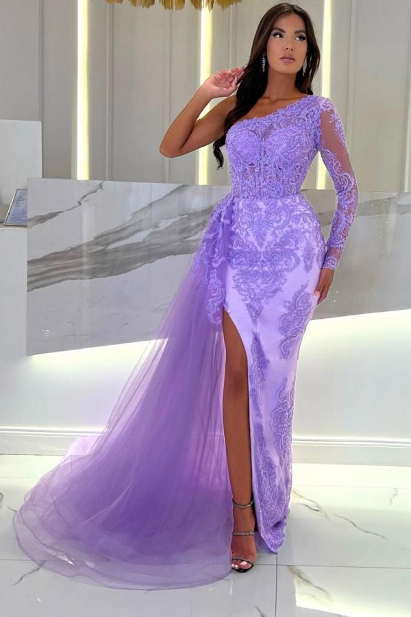 Vestido de noche lila de un solo hombro, manga larga, apliques de encaje y abertura