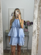 Robe de bal mini à volants en organza bleu simple, dos nu, Y8089