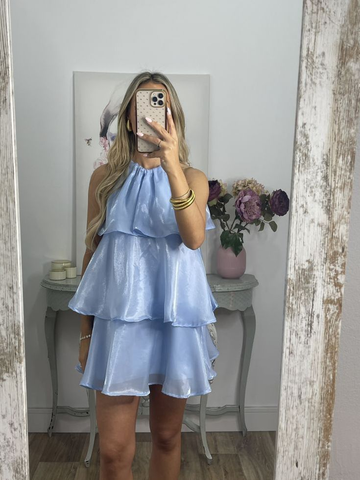 Simple Blue Organza Halter Layered Mini Prom Dress Homecoming Dress Y8089