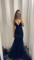 Robe de bal vintage bleu marine, robe de soirée sirène sexy Y7888