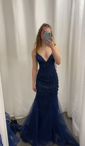 Robe de bal vintage bleu marine, robe de soirée sirène sexy Y7888