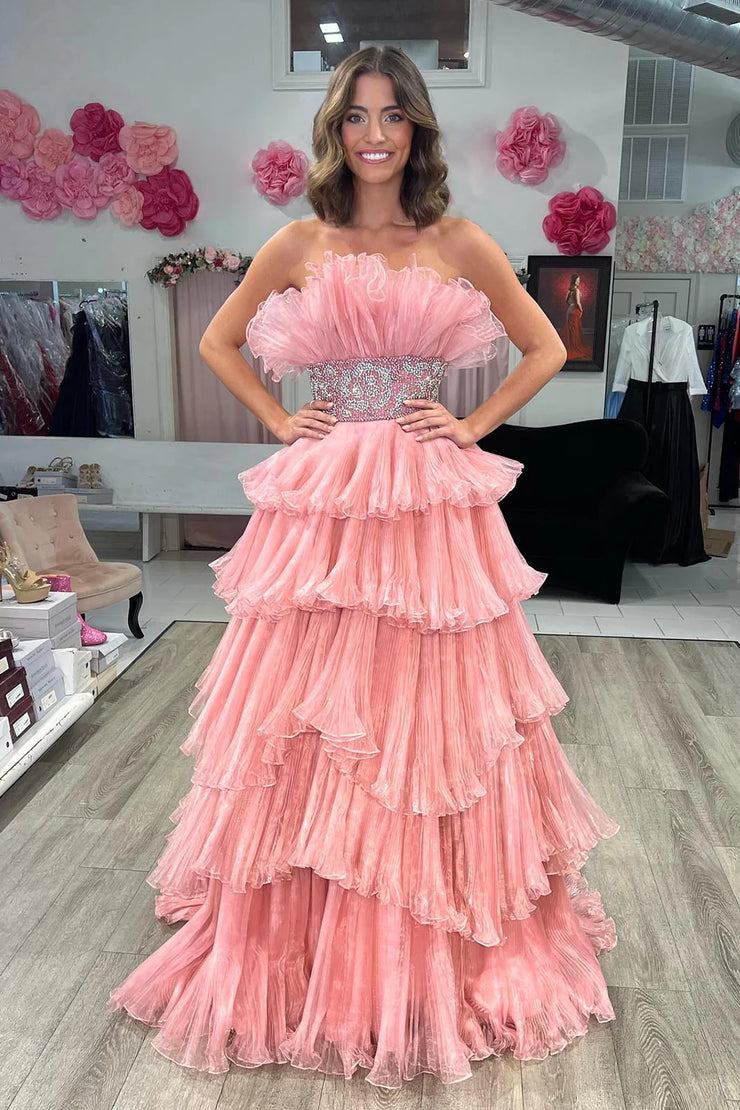 Robe de bal longue bleue tendance, sans bretelles, coupe trapèze, ornée de perles