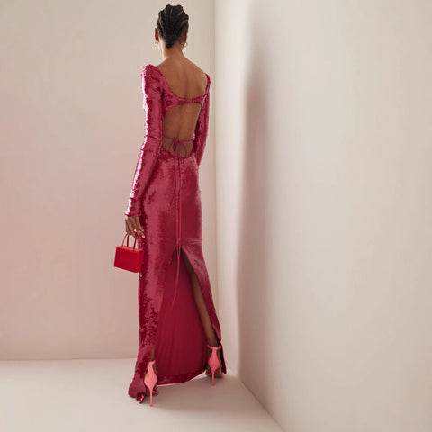 Robe de bal fendue à empiècements transparents et perles 