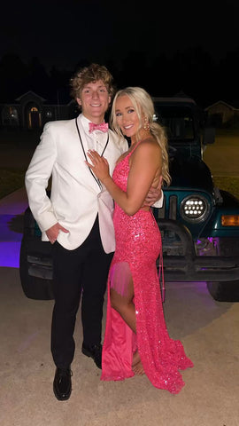 Robe de bal longue à fines bretelles et laçage au dos, ornée de sequins Y35