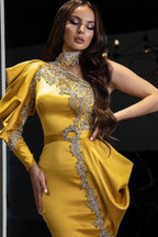 Gold One Shoulder Mermaid Evening Dress Long Sleeve With Beads