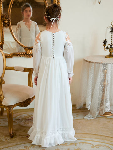 Vestido de Primera Comunión color marfil, corte en A, de gasa hasta el suelo 