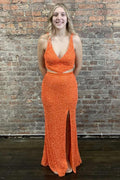 Sheath Deep V Neck Orange Sequins Backless Long Prom Dress